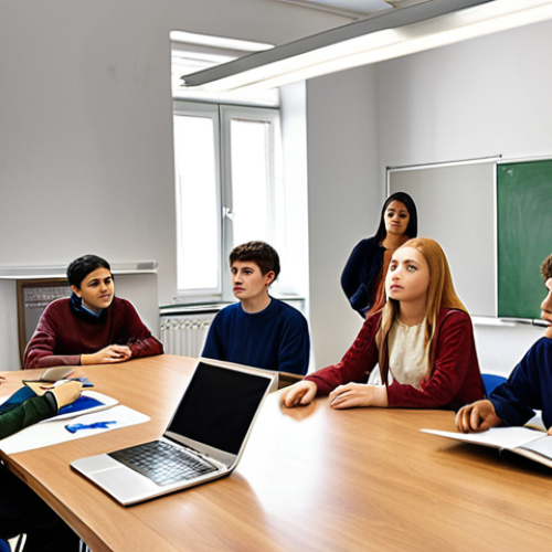 Home 6 **A diverse group of students from various nationalities collaborating on a project in a modern, well-equipped classroom in Montenegro. The scene should capture the essence of the IB program, with a focus on critical thinking and problem-solving. Include smartboards and laptops. The overall feel should be bright and collaborative.**