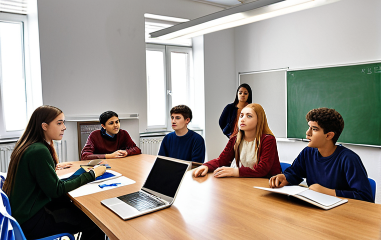 **A diverse group of students from various nationalities collaborating on a project in a modern, well-equipped classroom in Montenegro. The scene should capture the essence of the IB program, with a focus on critical thinking and problem-solving. Include smartboards and laptops. The overall feel should be bright and collaborative.**