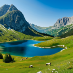 **

"A panoramic view of Durmitor National Park, Montenegro, featuring towering peaks and crystal-clear lakes, green valleys, diverse flora and fauna, under a bright sunny sky. Safe for work, appropriate content, fully clothed people hiking in the distance, perfect anatomy, natural proportions, professional landscape photography, high quality, family-friendly."

**