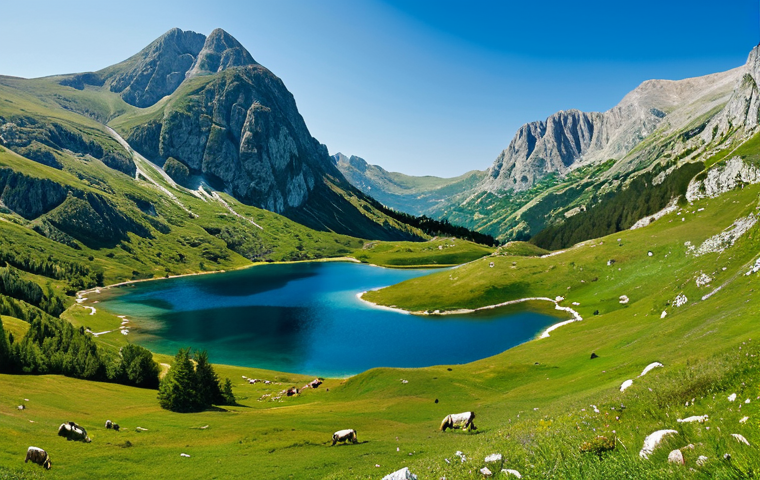 **

"A panoramic view of Durmitor National Park, Montenegro, featuring towering peaks and crystal-clear lakes, green valleys, diverse flora and fauna, under a bright sunny sky. Safe for work, appropriate content, fully clothed people hiking in the distance, perfect anatomy, natural proportions, professional landscape photography, high quality, family-friendly."

**