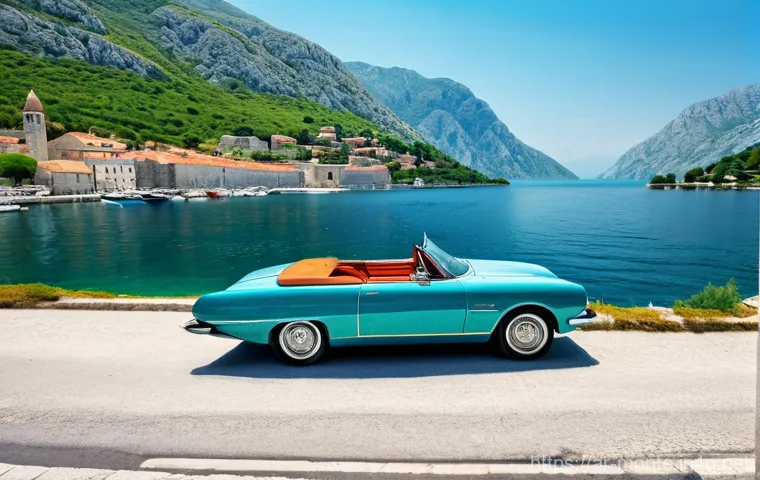 몬테네그로 드라이브 루트 - **"A breathtaking scenic drive along the Bay of Kotor, Montenegro. A sleek, modern convertible car i...