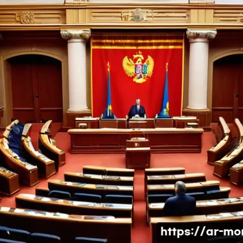 몬테네그로와 EU 가입 논의 - A detailed political scene in Montenegro’s parliament showing diverse politicians engaged in a heate...