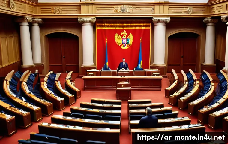 몬테네그로와 EU 가입 논의 - A detailed political scene in Montenegro’s parliament showing diverse politicians engaged in a heate...