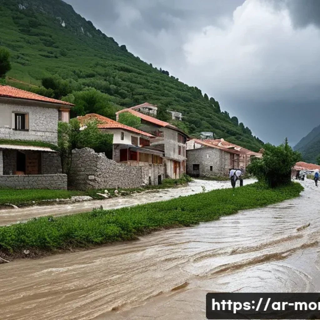몬테네그로 자연재해 사례 - A detailed scene of a mountainous village in Montenegro during a sudden flash flood caused by heavy ...
