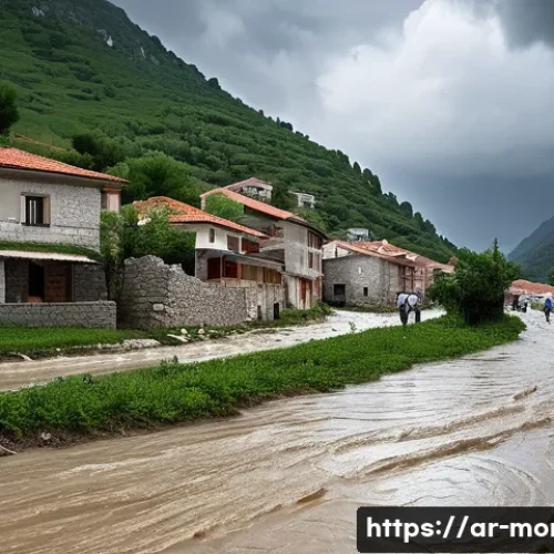 몬테네그로 자연재해 사례 - A detailed scene of a mountainous village in Montenegro during a sudden flash flood caused by heavy ...