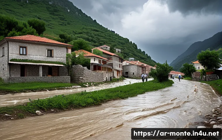 몬테네그로 자연재해 사례 - A detailed scene of a mountainous village in Montenegro during a sudden flash flood caused by heavy ...