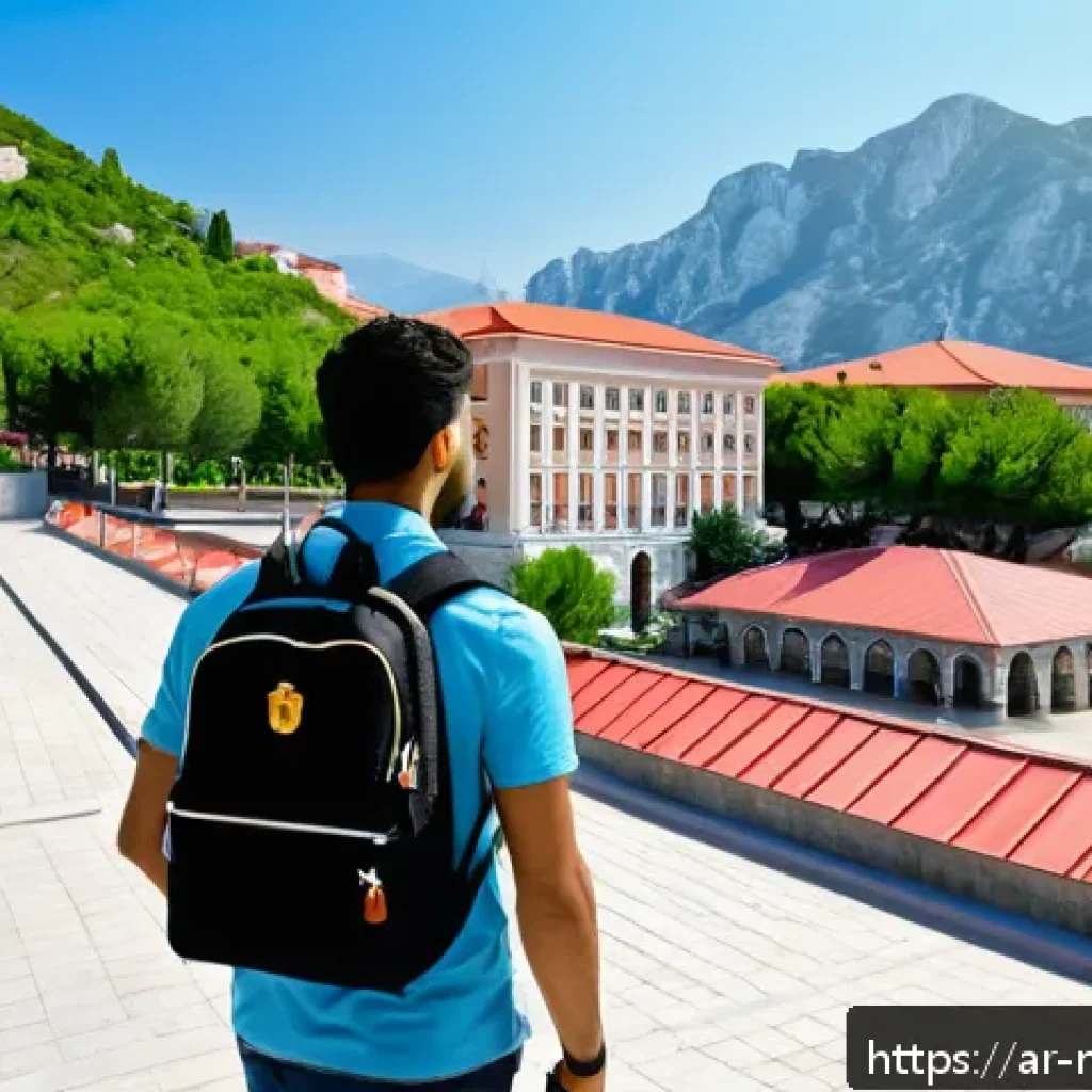 몬테네그로 유학 및 거주 정보 - A vibrant university campus in Montenegro during spring, featuring diverse students of Arabic descen...