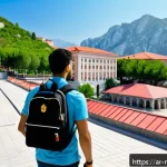 몬테네그로 유학 및 거주 정보 - A vibrant university campus in Montenegro during spring, featuring diverse students of Arabic descen...