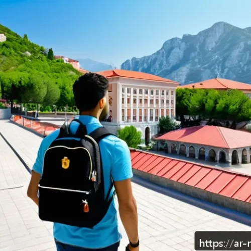 몬테네그로 유학 및 거주 정보 - A vibrant university campus in Montenegro during spring, featuring diverse students of Arabic descen...