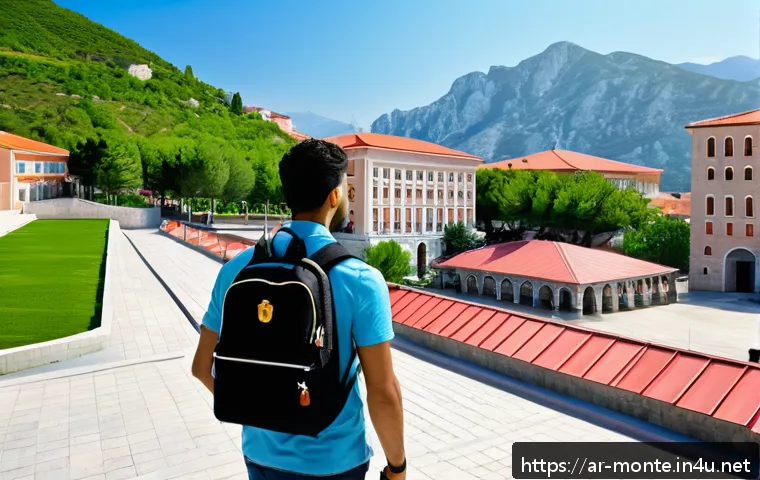 몬테네그로 유학 및 거주 정보 - A vibrant university campus in Montenegro during spring, featuring diverse students of Arabic descen...